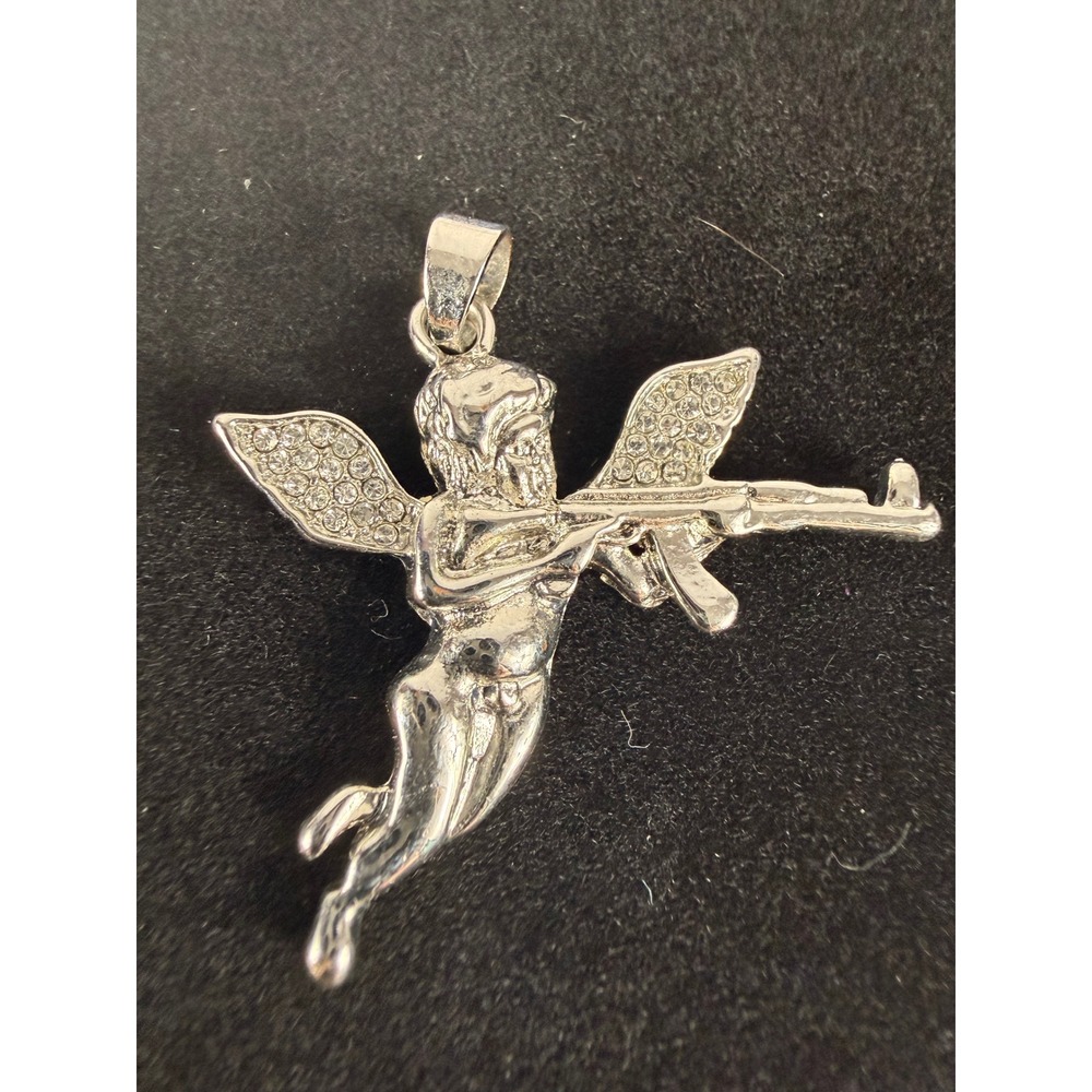 Unbranded Angel AK-47 Pendant OS Silver Iced Out Cherub Hip Hop Streetwear Bling